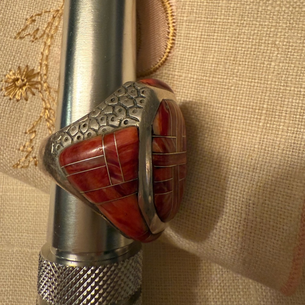 Native American Red Spiny Silver Ring - image 2